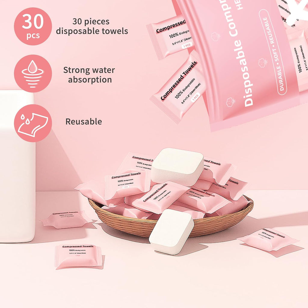 Disposable Compressed Face Towels, Ultra Soft Large Size Compressed Towel Tablets Portable Washcloth Reusable for Travel Camping Hiking Outdoor Sports Beauty Salon (30Pcs)