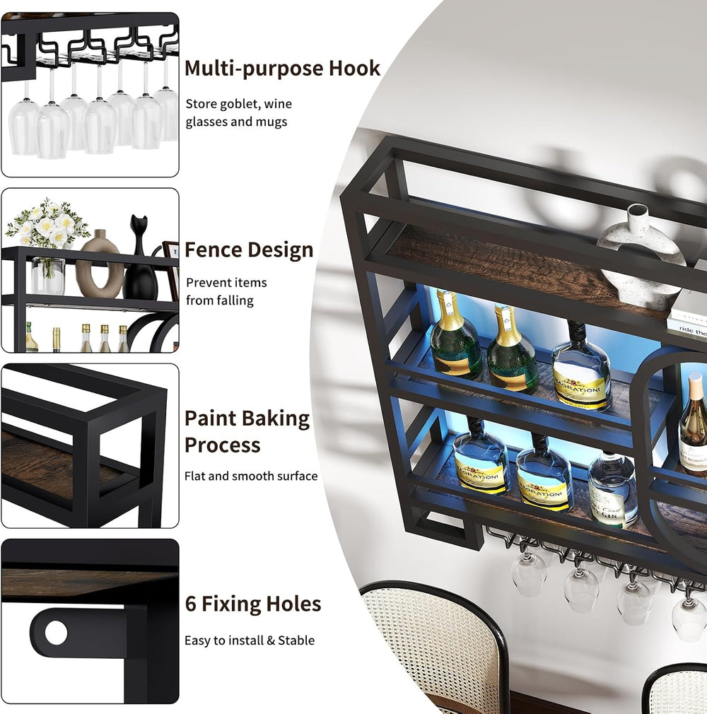 Boshen Fully Assembled 3-Tiers 39in Wine Rack Wall Mounted with LED Light