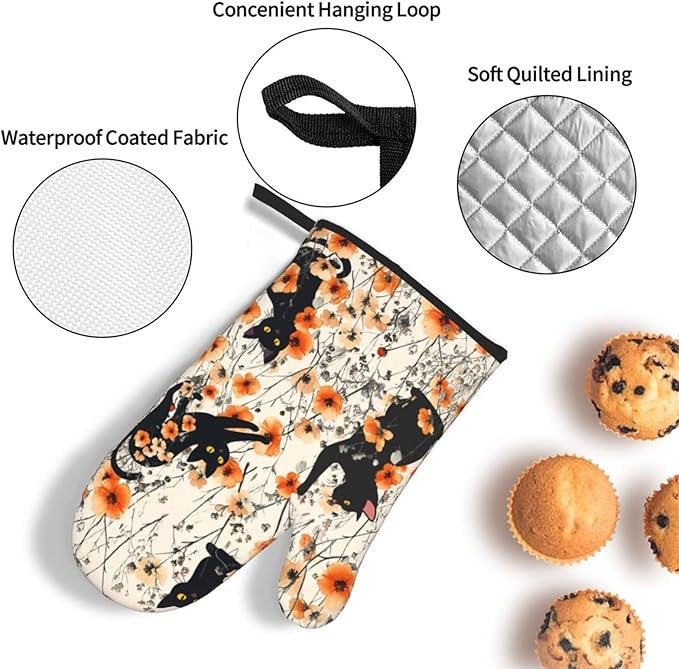 Orange Floral Pot Holders and Oven Mitts Set of 3, Cute Black Cat Kitchen - Image 5