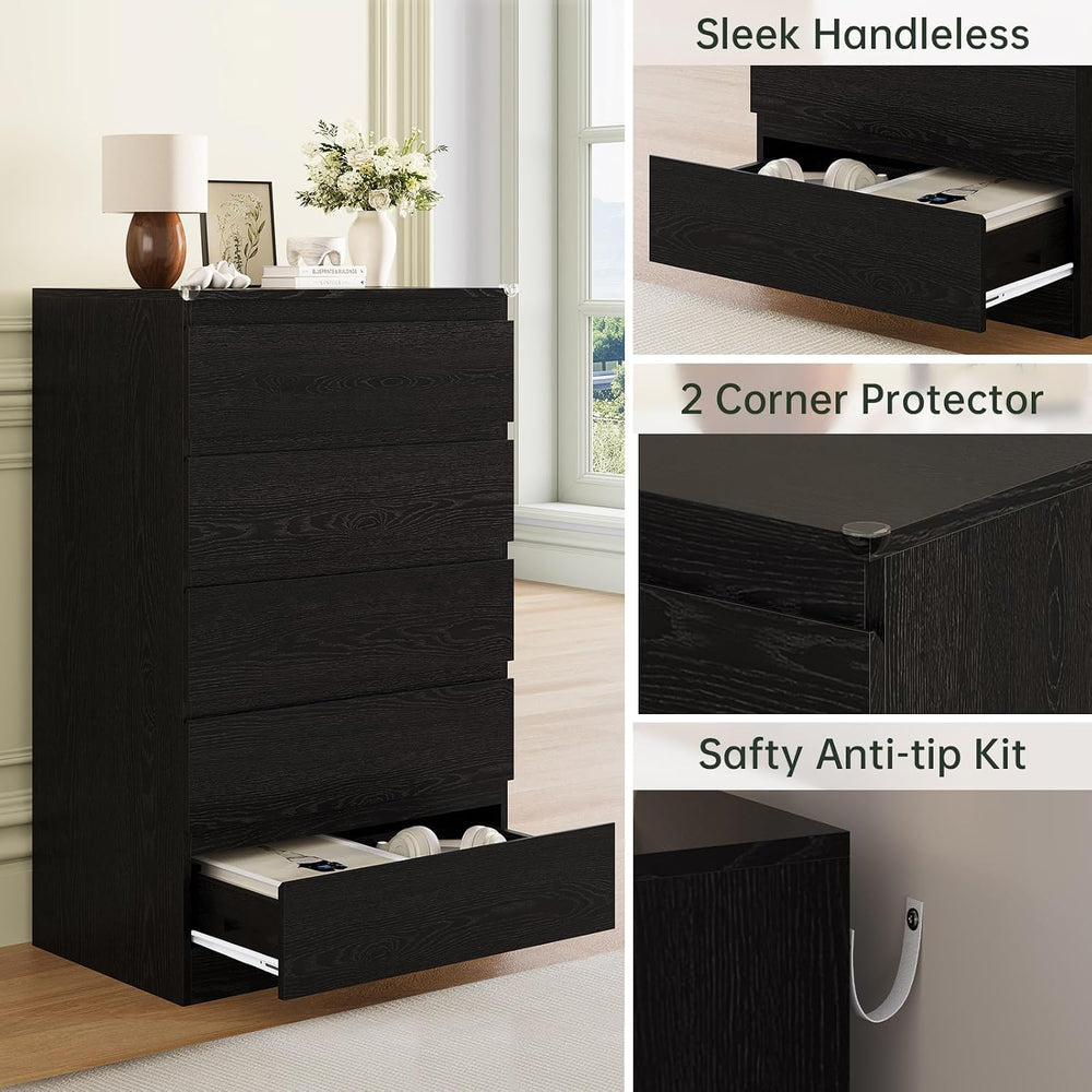 Black Wood Dresser for Bedroom, 5 Drawer for Clothes Storage