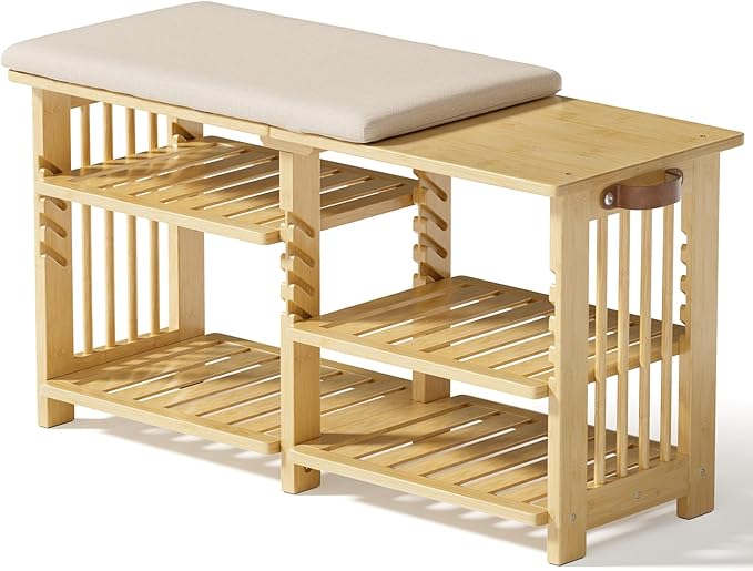 Amazer Bamboo Shoe Rack Bench, 3-Tier Shoe Bench Height Adjustable, Entry Ben...
