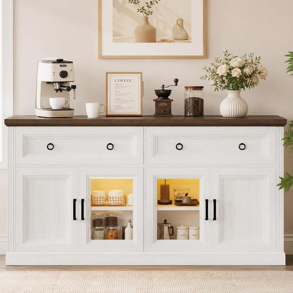 63'' Sideboard Buffet Cabinet with Power Outlet, Antique White