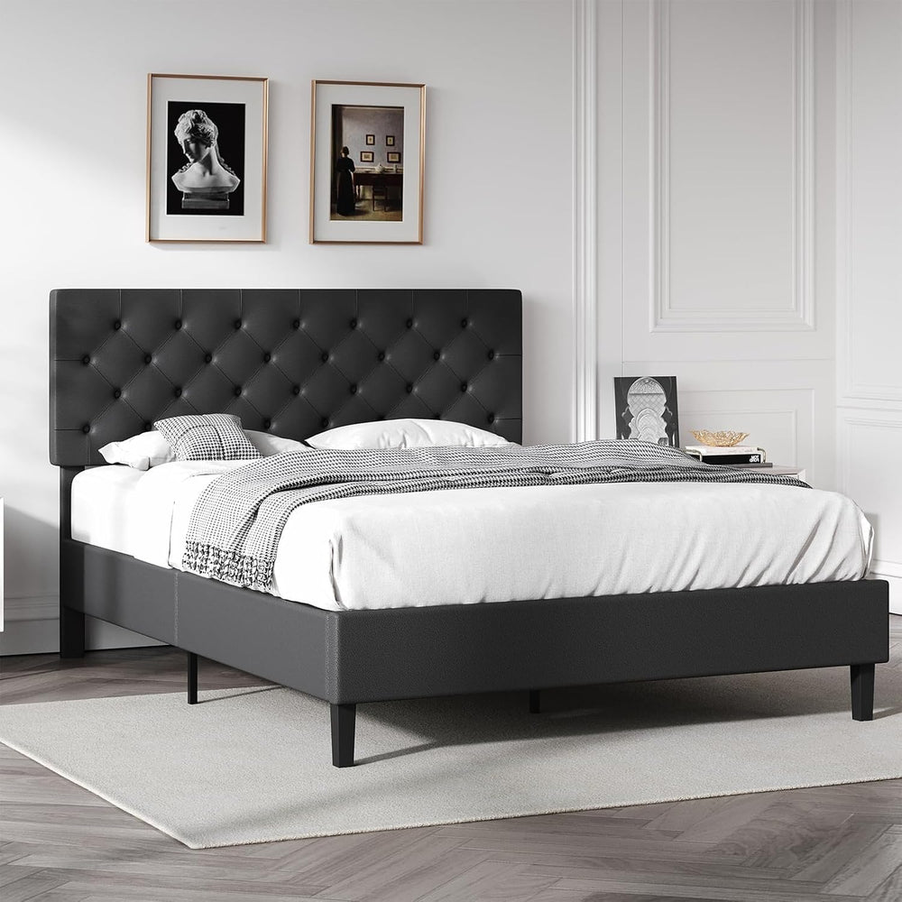 REVOMINCA Full Faux Leather Bed Frame with Headboard, Black