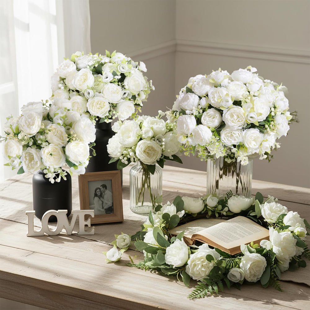 Peonies Artificial Flowers 12 Bouquets,White Flowers Lifelike Silk Fake Peoni...