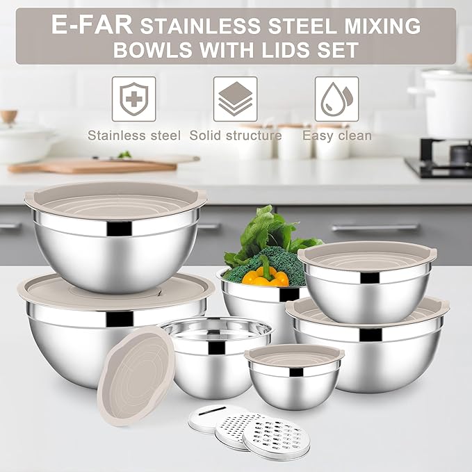 E-far Mixing Bowls with Lids Set, 7-Piece Stainless Steel Metal Mixing Bowls - Image 7