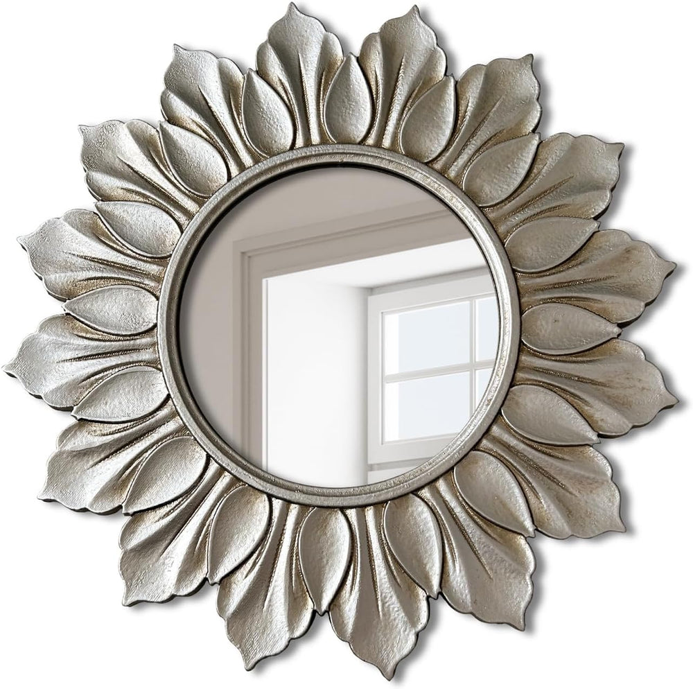 Sunflower Sunburst Wall Mirror, 22" Distressed Silver Wooden Frame