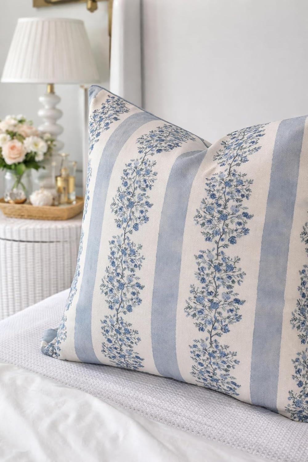 Jillien Harbor “The Juliet” Floral Block Print Pillow Cover – Soft Blue and O...