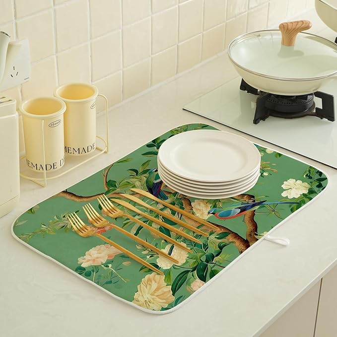 Chinoiserie Dish Drying Mat 18 x 24 Inch Vintage Green Bird Floral Drying Mat - Image 2