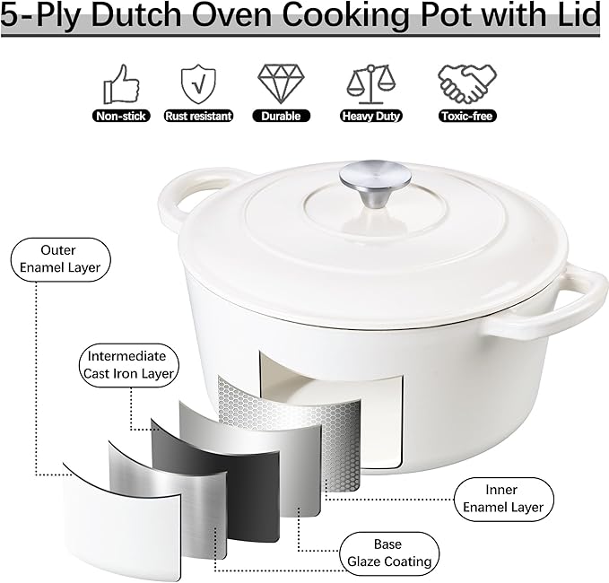 E-far Dutch Oven Pot with Lid, 5 Quart Enameled Cast Iron Round Dutch Oven