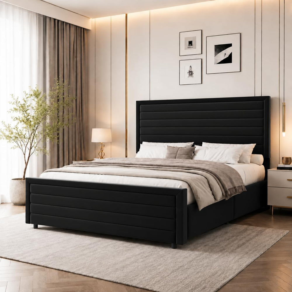 REVOMINCA Full Size Bed Frame with Velvet Upholstered Headboard,Black