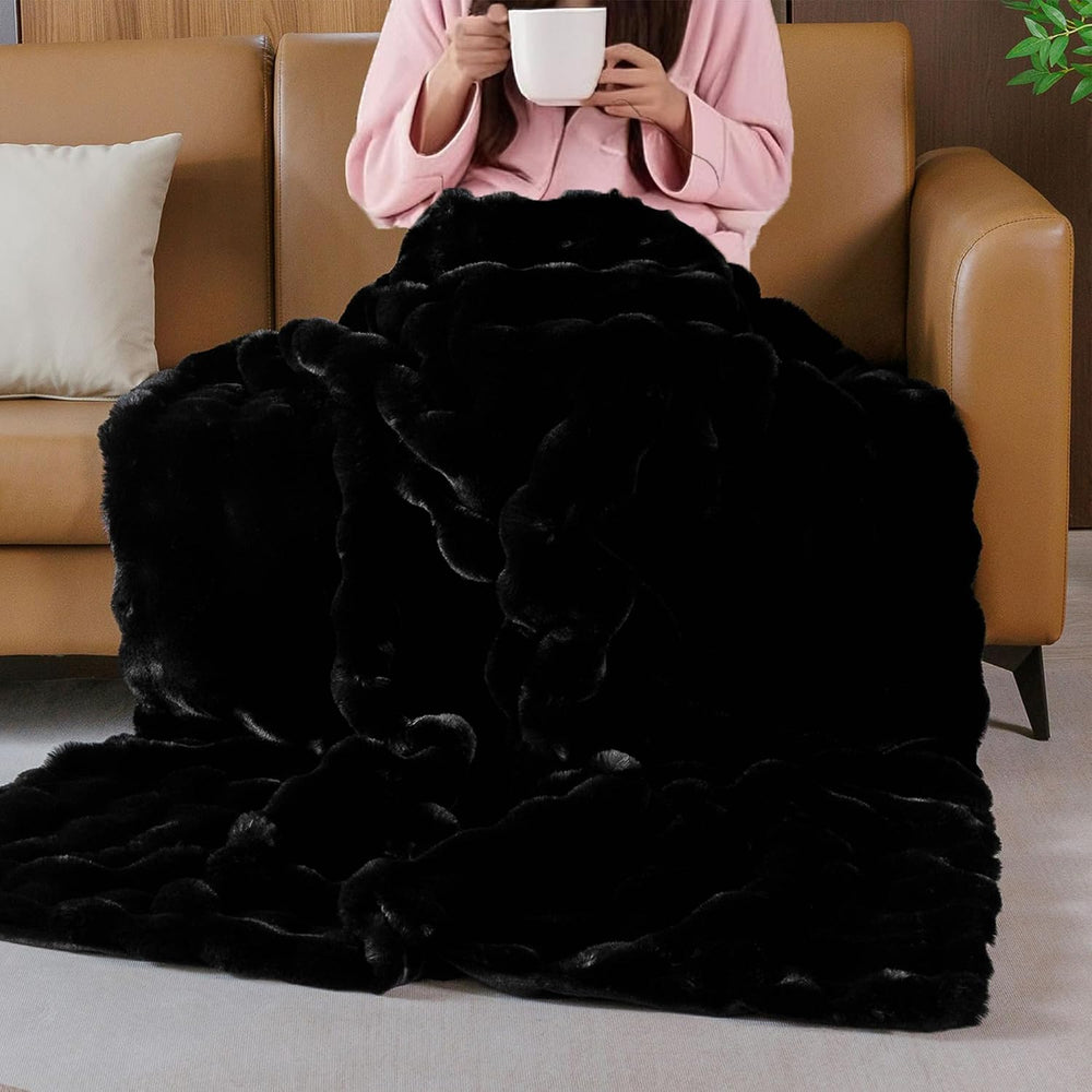 Fluffy Furry Black Faux Fur Throw Blanket for Couch Bed 50x60 Fuzzy Bubble So...