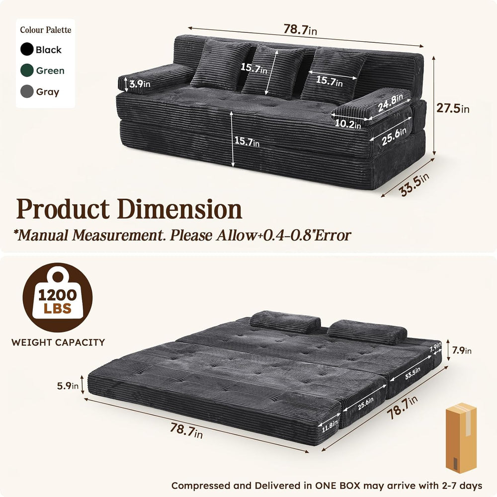 78.7IN Convertible Folding Sofa Bed, 3 Seater Sleeper Sofa Couch | No Assembl...