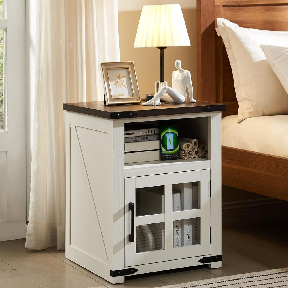 Farmhouse Nightstand with Charging Station, Rustic End Table with Tempered Gl...