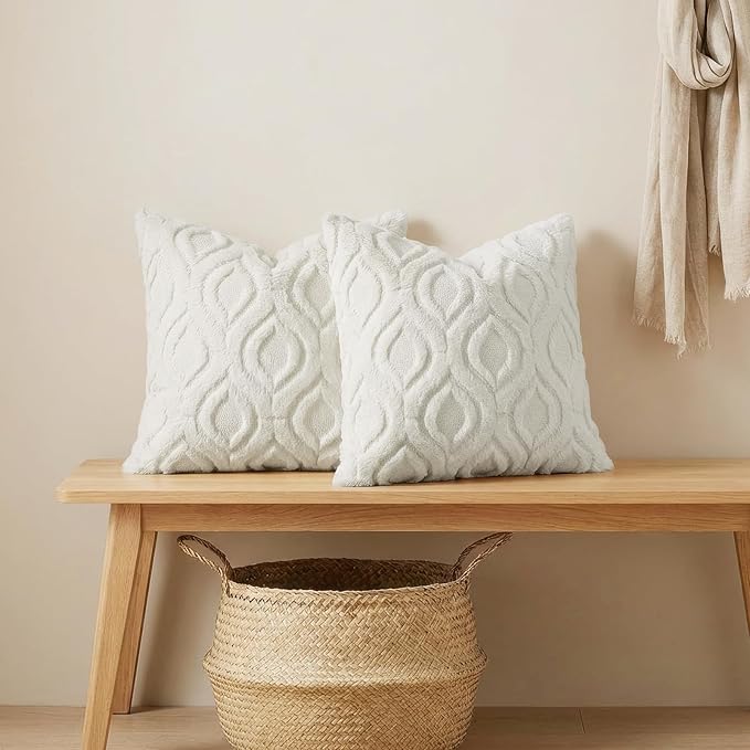 decorUhome Throw Pillow Covers 24x24 Inch Set of 2, Soft Plush Faux Wool Cream - Image 4