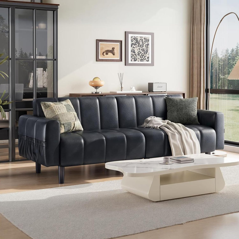 77" Faux Leather Futon Couch,Mid Century Modern Leather Sofa(Black)