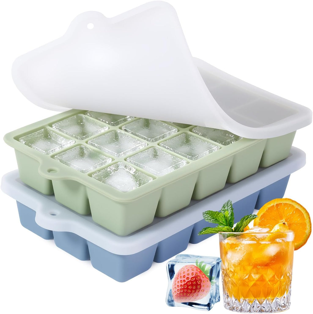 Silicone Ice Cube Trays with Lids(2Pack,Blue+Green) | 15-Cavity Ice Tray Set for Freezer, Easy-Release BPA-free Ice Cube Mold for Whiskey, Coffee, Cocktails and More