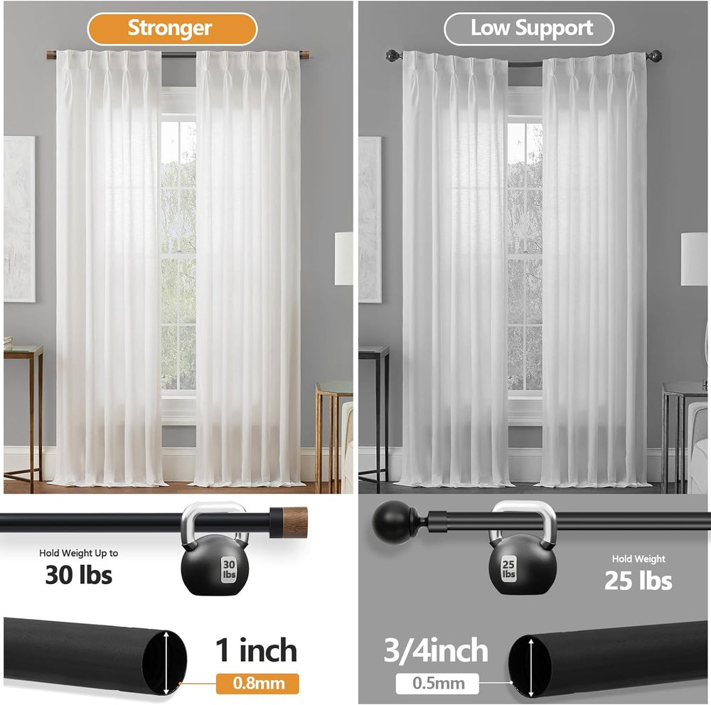 1 Pack Boho Rustic Adjustable Wood Curtain Rod 32-88 Inch, Black