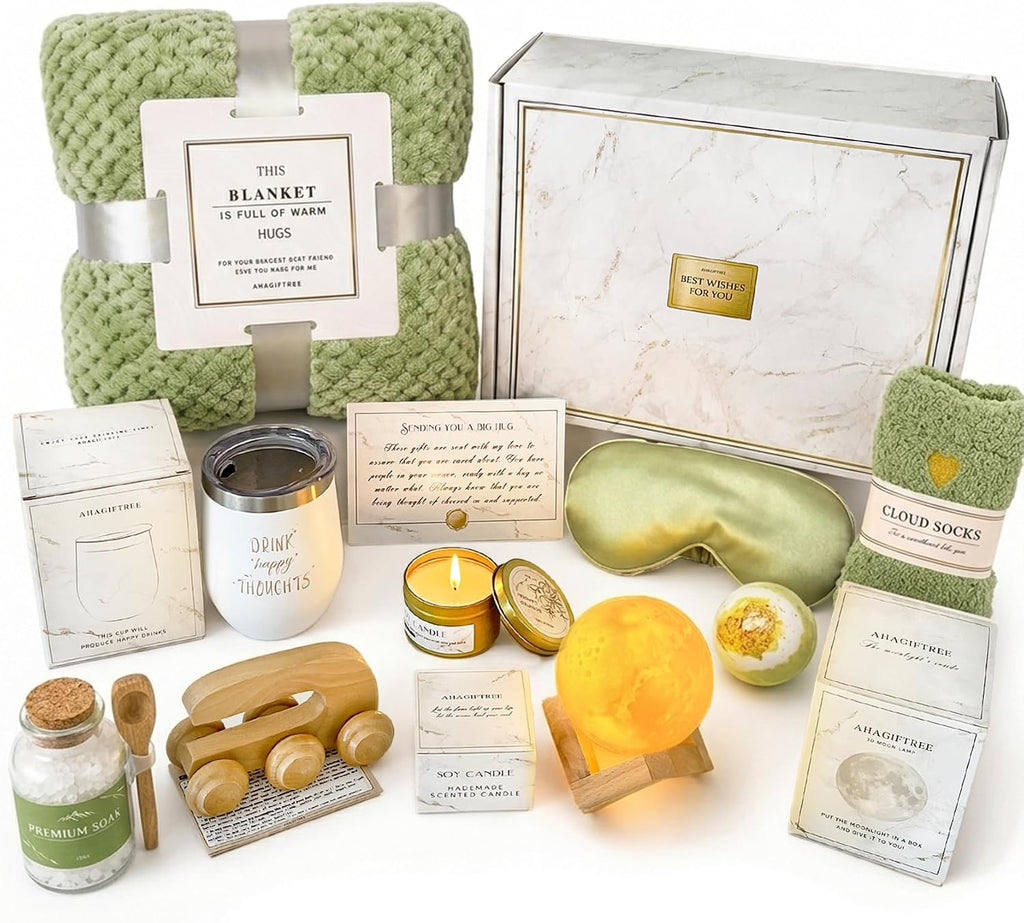 AHAGIFTREE Gift Baskets for Women,11PC Care Package with Moon Lamp,Grief,Get Well Soon After Surgery,Birthday,Think of You,Thank You,Sympathy (green)