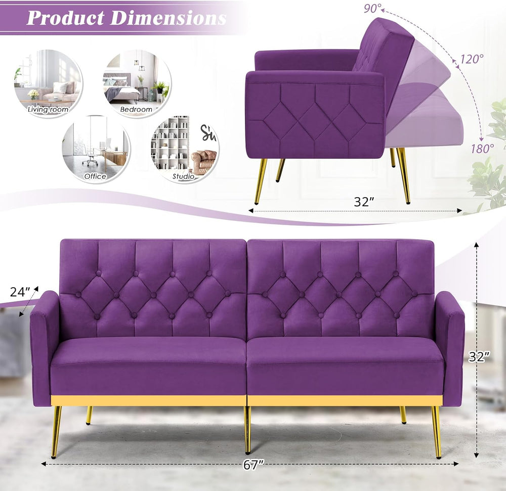 Velvet Sofa Bed w/Adjustable Armrests & Backrests, Purpel
