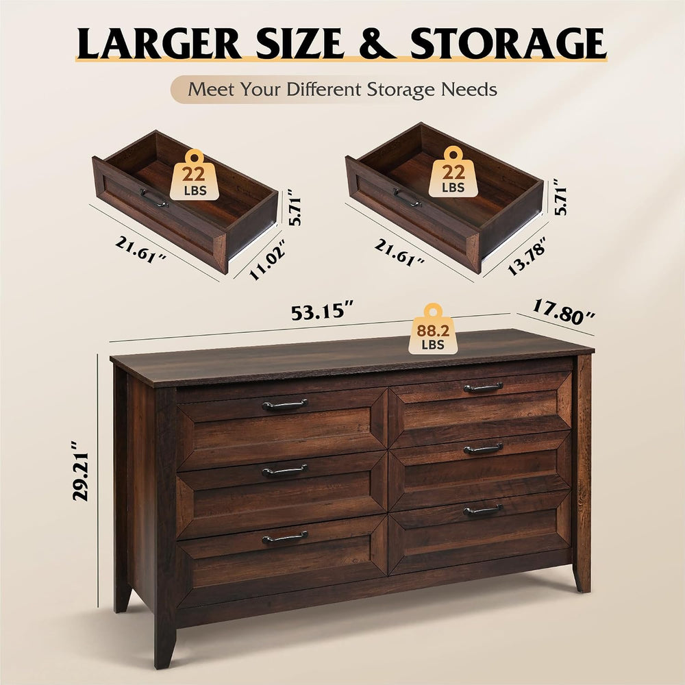 WLIVE 54" Dresser for Bedroom, Wooden 6 Drawer Dresser with Unique Anti-...