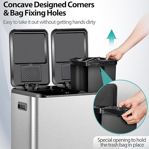 SUPER DEAL Kitchen Trash Can 16 Gallon 60L Dual Stainless Steel Garbage and - Image 6