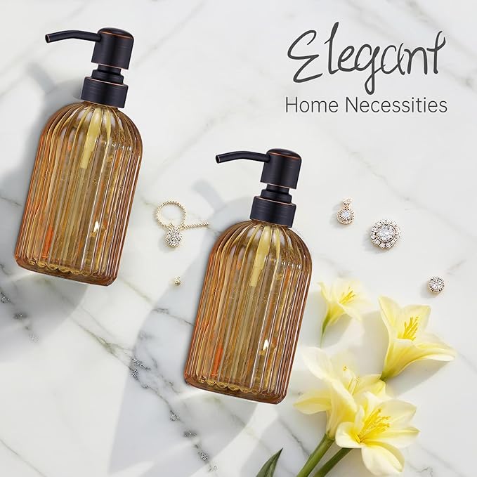 16 OZ Amber Glass Soap Dispenser, Amber Stripe Bathroom Hand Soap Dispensers - Image 8