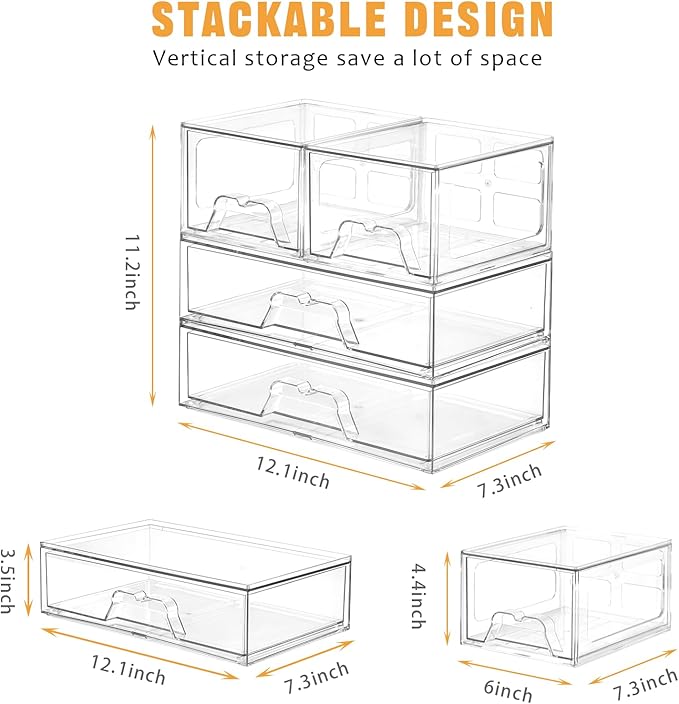 Stebopum 4 Pack Stackable Storage Drawers Clear Acrylic Organizer Bathroom - Image 2