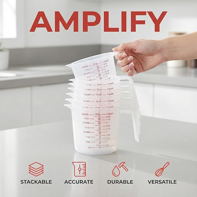 8 Pcs 4 Cup Capacity Plastic Measuring Cup, 32 Oz/1000 ml Clear Graduated - Image 5