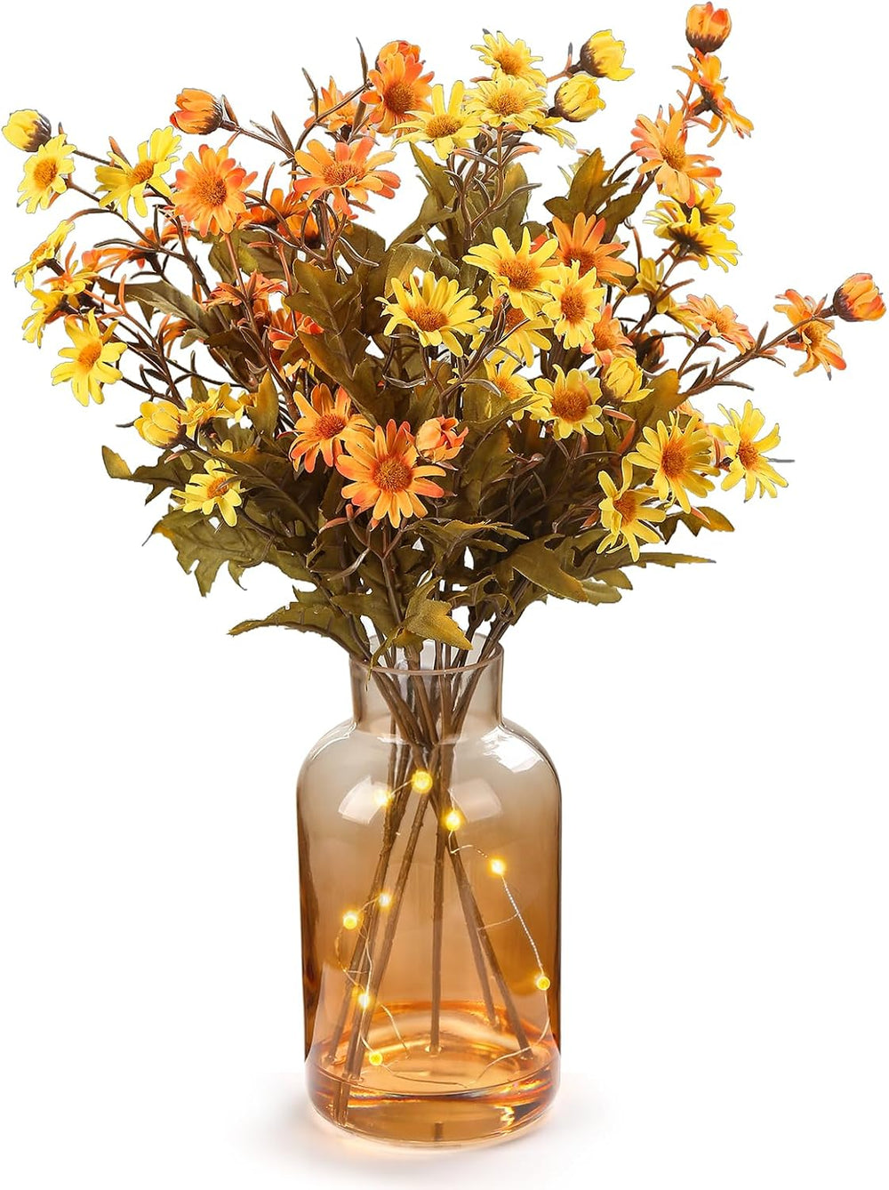 Artificial Daisy Flowers Fall Flowers in Amber Glass Vase with Faux Water