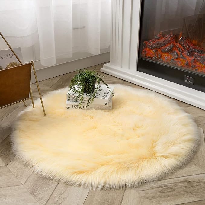 Latepis Yellow Round Rug 3ft Small Circle Faux Sheepskin Fur Rug Fluffy Boho - Image 2