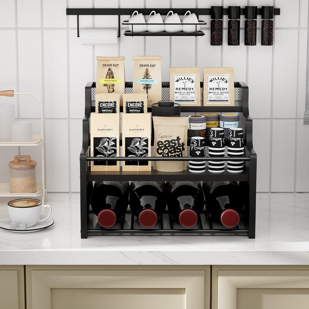 4-Tier Wood Display Shelf Wine Rack for 16 Bottles Wood Coffee Syrup Organize...