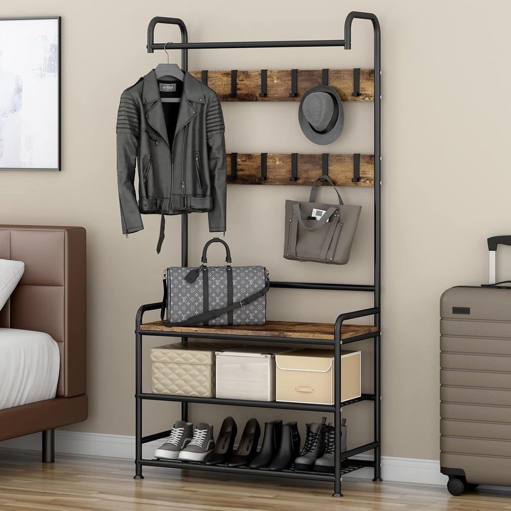 LINZINAR Coat Rack Hall Tree with Bench and Shoe Storage 3 in 1 Entryway | St...