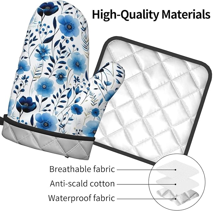 Blue Floral Oven Mitts and Pot Holders Sets of 3, Heat Resistant Cute - Image 9