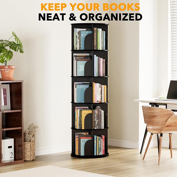 SpaceAid 5 Tier Rotating Bookshelf Tower, Spinning Bookcase Lazy Susan, Revol...