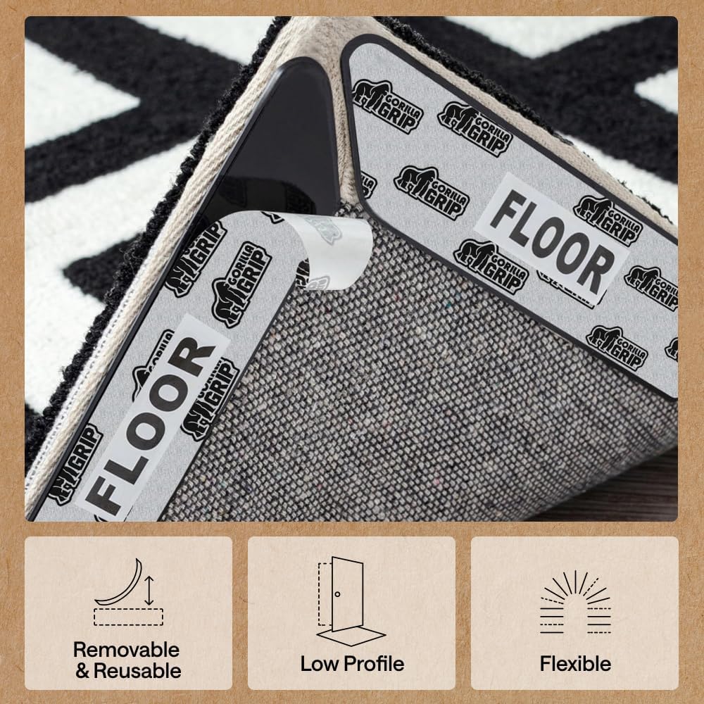 GORILLA GRIP® Rug Grippers, Extra Long Reusable Double-Sided Adhesives Pads Keep Area Rugs Corners Flat, Grips Hardwood, Tile and Laminate Floors, Renter Friendly, Holds Down Carpet in Place, 8 Pcs