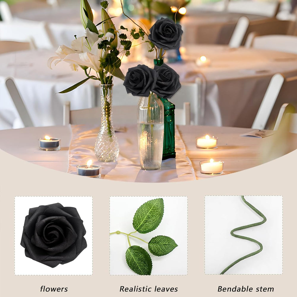 100PCS Black Realistic Roses - Artificial Latex Foam Flowers with Bendable St...
