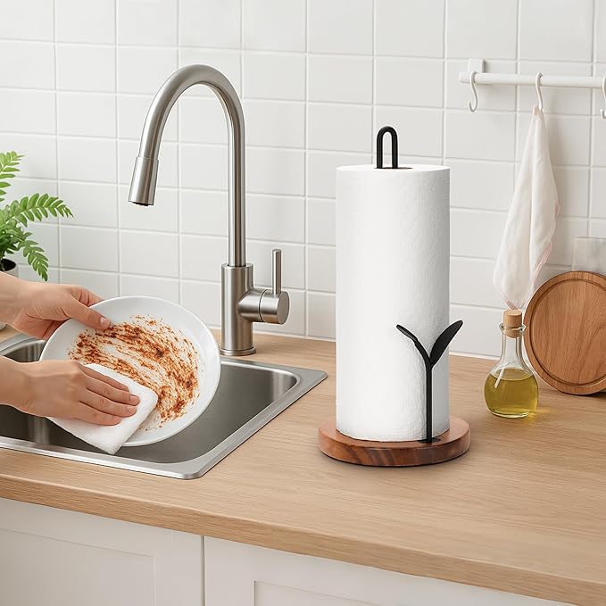 Wood Paper Towel Holder Countertop, Leaf-Shaped Accent Iron Rods - Image 2