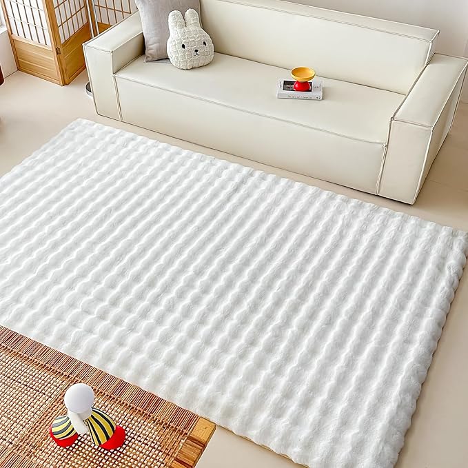 White Rabbit Plush Rug 5'x8', Fluffy Faux Fur Shaggy Area Rug - Image 4