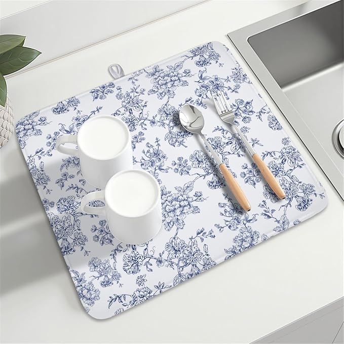Blue Floral Dish Drying Mat for Kitchen Counter Chinoiserie Flower Microfiber - Image 8
