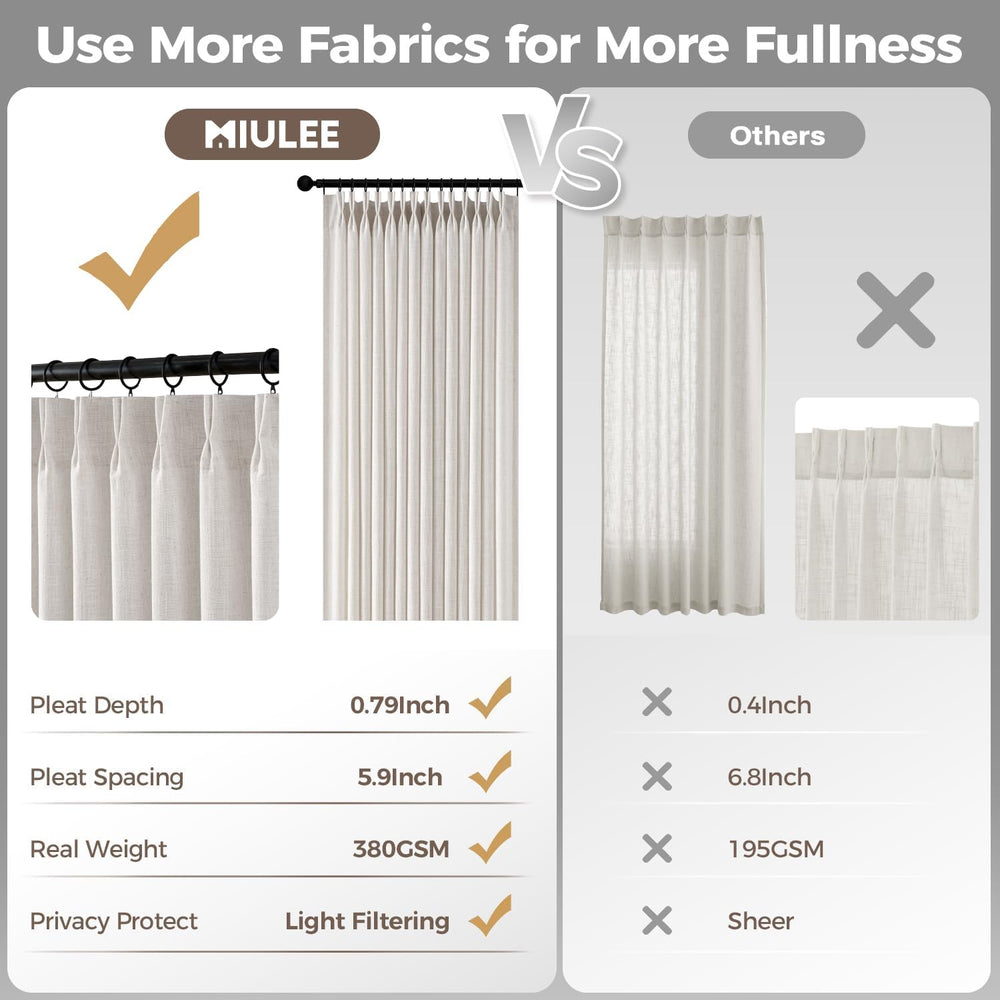 MIULEE 4 Panels Set Pinch Pleated Linen Curtains 90 Inches Long Natural