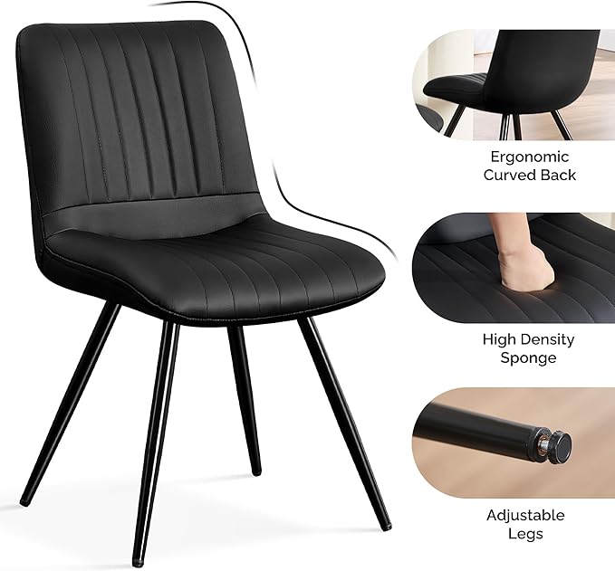 Black Dining Chairs Set of 4, Dining Chairs with Thick Cushions, PU Leather U...
