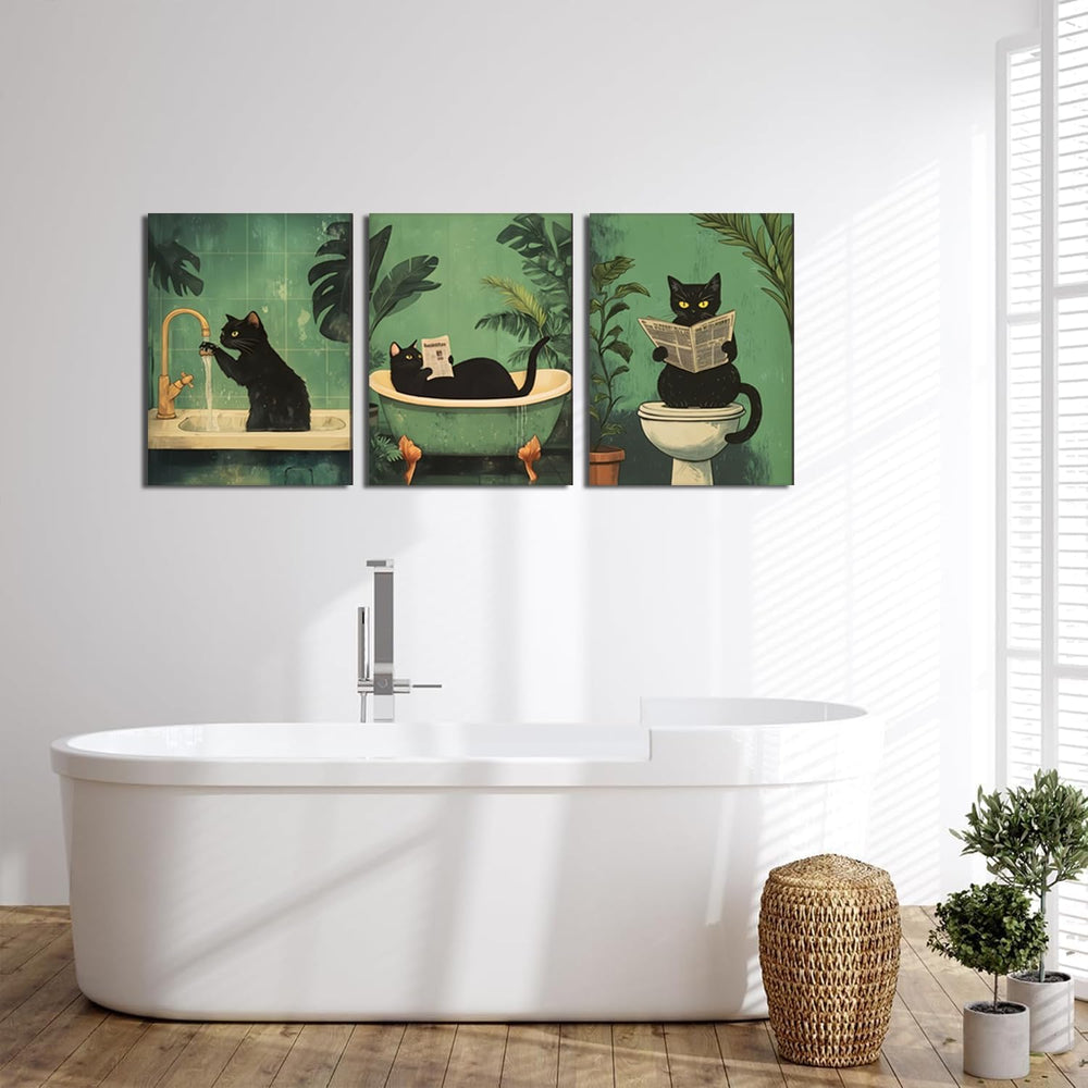 Funny Bathroom Black Cat Wall Art Set of 3, Whimsical Animal Bathroom Wall De...