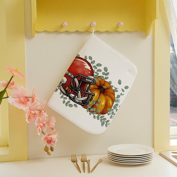Fall Football Dish Drying Mat 18 x 24 inch Orange Pumpkins Eucalyptus Leaves - Image 5