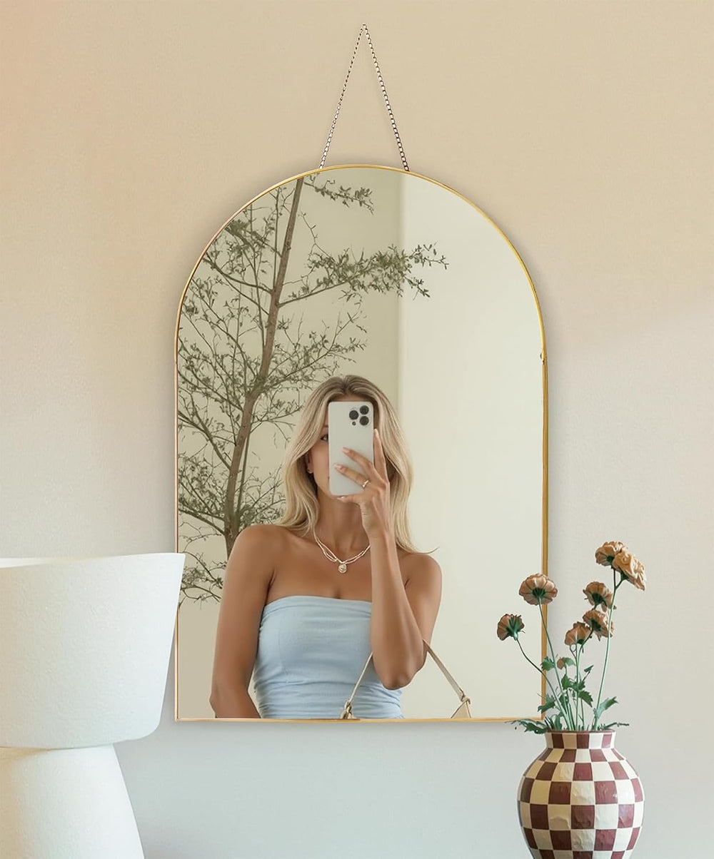 Gold Arched Wall Mirror 13”x19” – Small Vintage Hanging Mirror with Chain