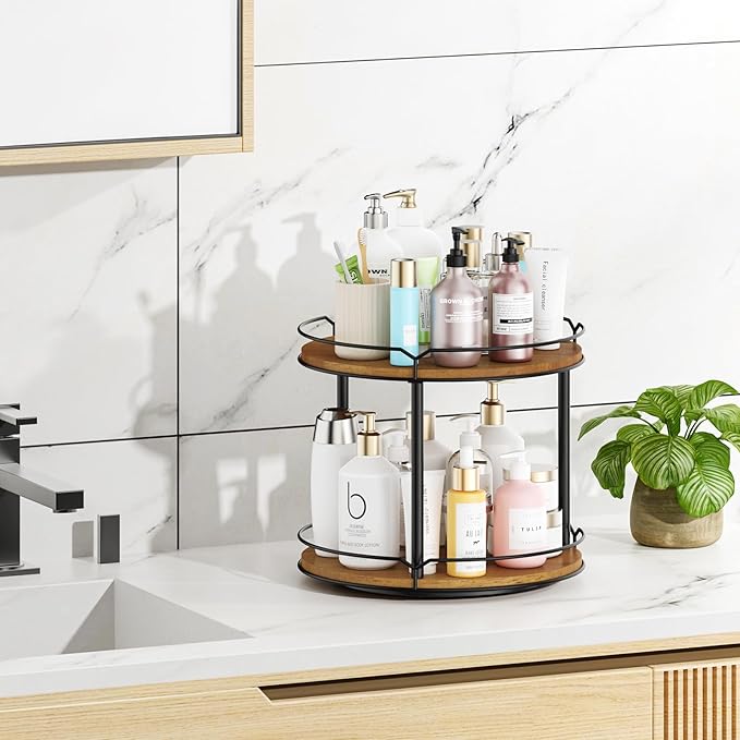 12.4" Lazy Susan Organizer 2 Tier, Rotating Spice Rack, Wooden Spinning ...