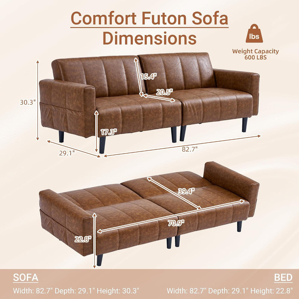 83" Mid Century Modern Faux Leather Sofa, Brown Leather Futon Sofa