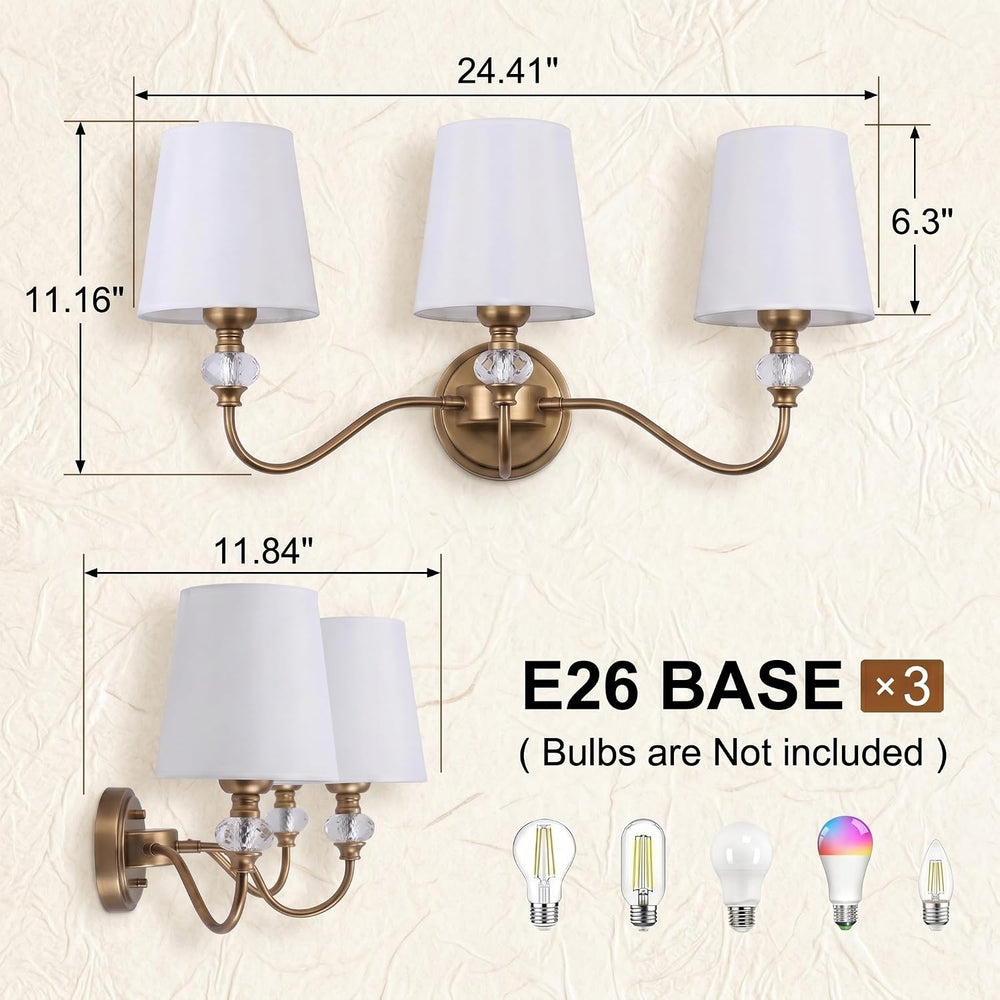 3-Light Vintage Bathroom Vanity Light Fixtures Over Mirror, Brass Vanity Ligh...