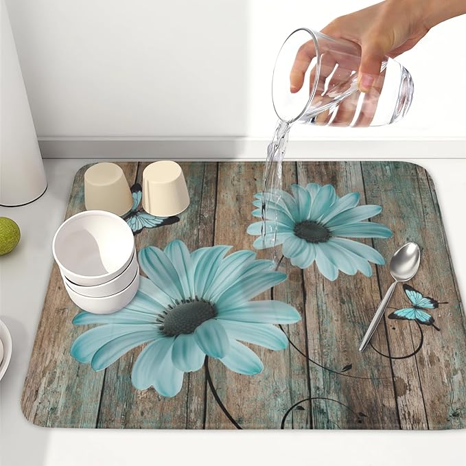 Teal Sunflowers Drying Mat 18x16 Inch, Summer Wooden Board Drying Mat - Image 6