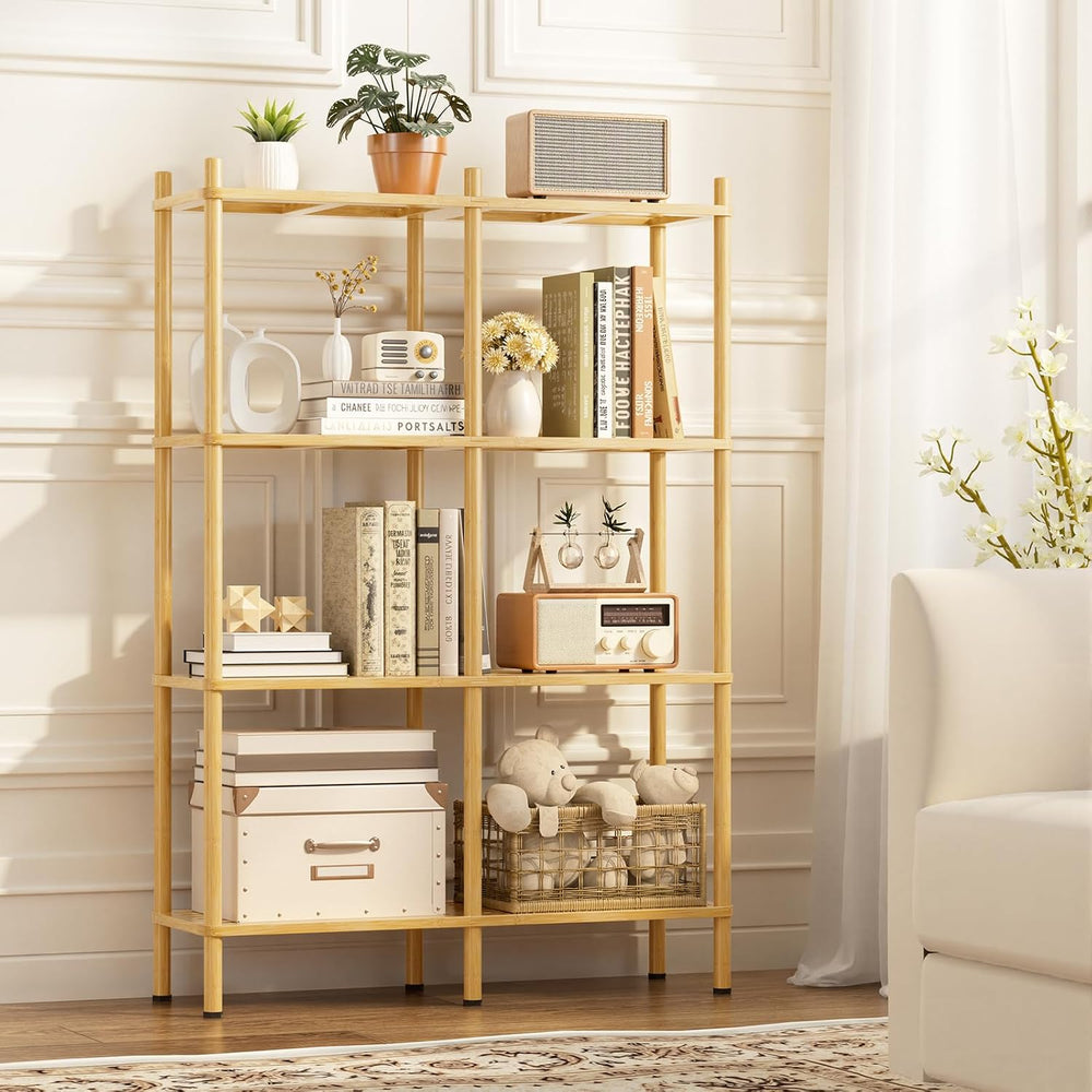Book Shelf, 4 Tier Bamboo Bookshelf, Tall Bookcase with 8 Open Display Shelve...