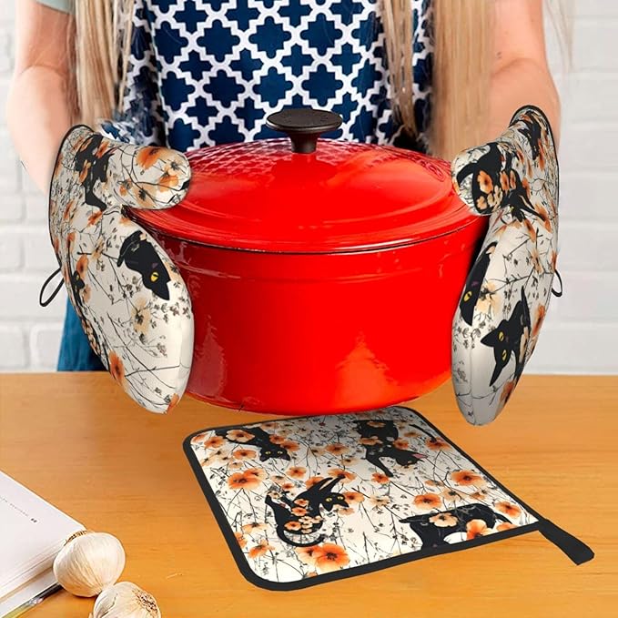 Orange Floral Pot Holders and Oven Mitts Set of 3, Cute Black Cat Kitchen - Image 7